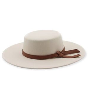 Beige Wide Brim Round Flat Top Crown Boho Fedora Hat NEW